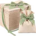 Windyun 30 Pcs Small Burlap Gift Bags with Sage Green Bow, 6x4 Inch Rustic Boho Drawstring Favor Pouches, Reusable Linen Gift Bags for Wedding Bridal Shower Baby Shower Birthday Party Favors