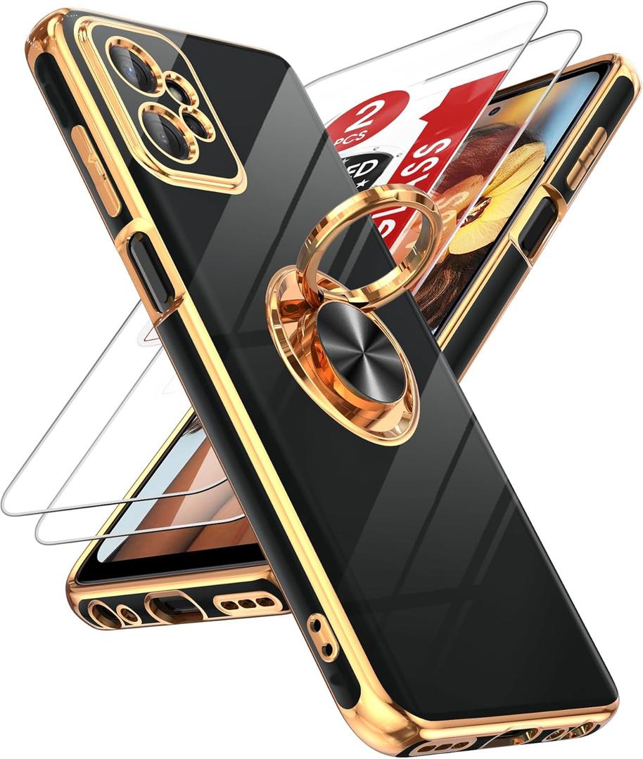 LeYi for Moto G Power 5G 2023 Case: with Tempered Glass Screen Protector [2 Pack] 360 Rotatable Ring Holder Magnetic Kickstand, Plating Rose Gold Edge Motorola G Power 5G 2023 Case, Black