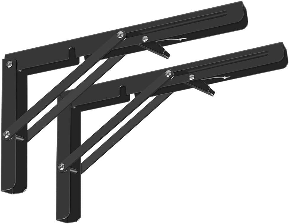 Folding Shelf Brackets 2 Pack, Heavy Duty Triangle Shelf Bracket for Bench Table, Wall Mounted Standing Shelf Brackets for Saving Place, Multi Size, Max Load 300lb (12", Black)