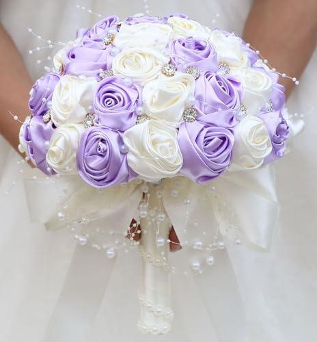 Mhojpik Bridal Wedding Bouquet Round Bling Brooch Bouquet Throw Toss Artificial Rose Flower Bunch for Bride Bridesmaid Wedding Quinceanera(Light Purple & Ivory, 7.5")