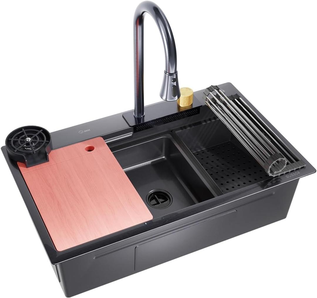 Black Drop In Kitchen Sink 30"x18" Stainless Steel Single Bowl Workstation, 29.5*17.7*10 inch