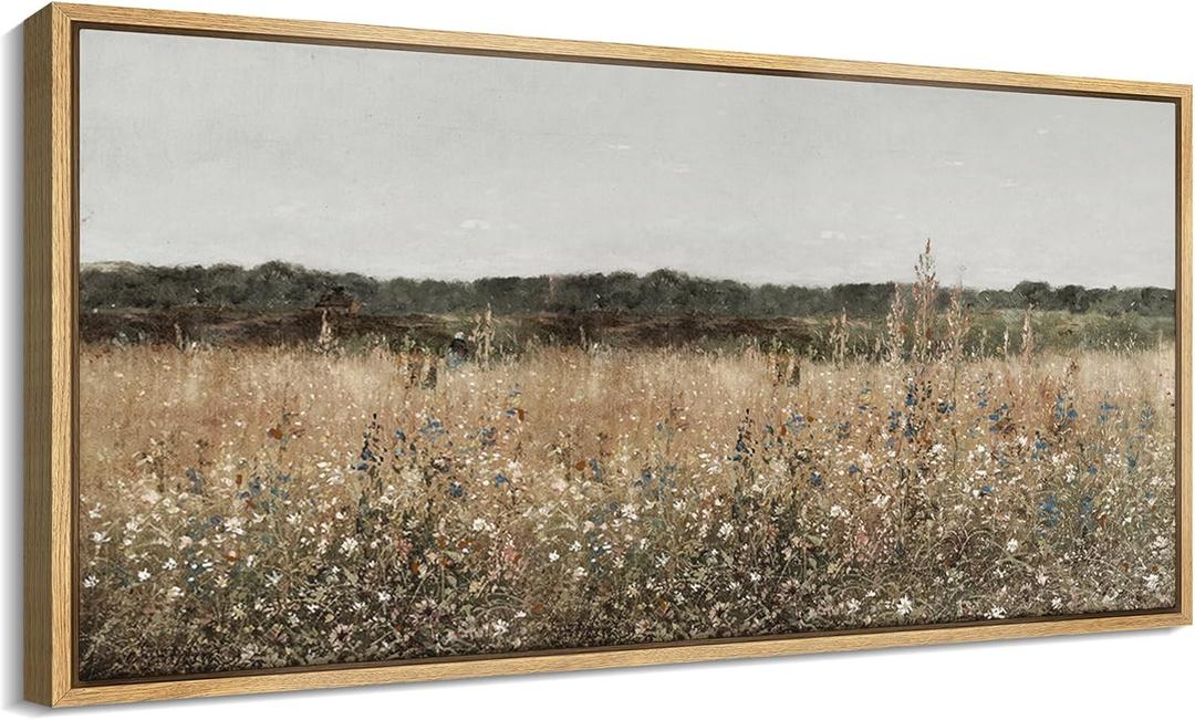 MUDECOR Extra Large Framed Canvas Print Wall Art Misty Morning Meadow with Wildflowers Antique Retro Fine Art Illustrations Decorative Colorful for Bedroom - 60"x30" (Ad05-2401-m11)