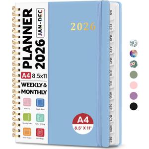 2026 Planner 8.5" x 11", Weekly and Monthly Calendar Planner Book, January 2026 - December 2026, Hardcover Spiral Planner with Monthly Tabs, Notes Pages, Perfect for Women & Men, A4 - Blue