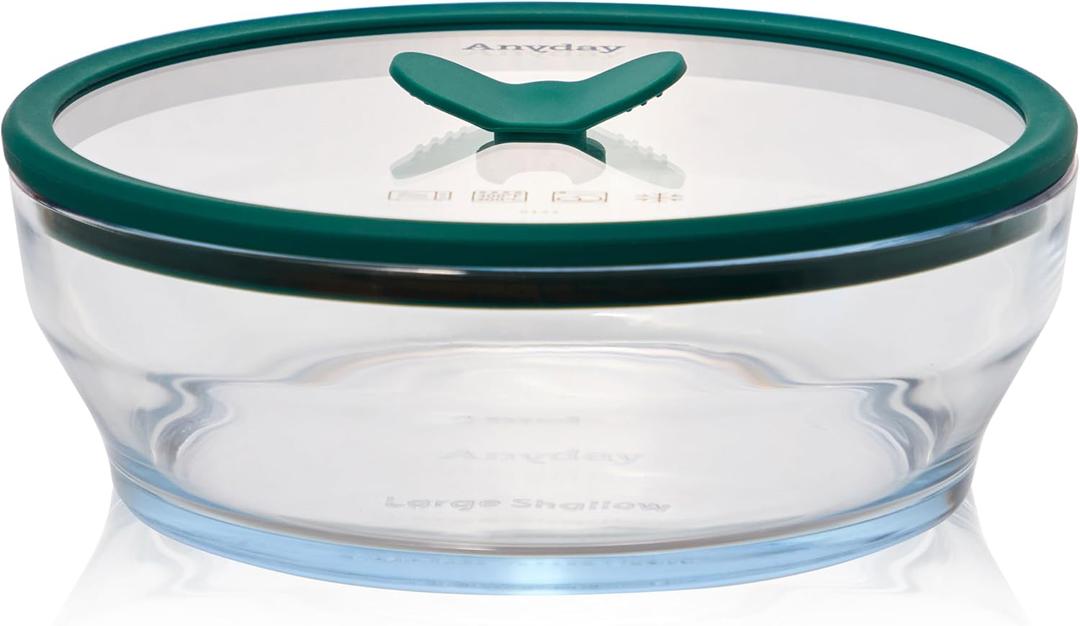 Anyday 7-Cup Glass Food Storage with Glass Lid, Round Shallow Dish | Plastic-Free Meal Prep & Microwave Cookware | Stackable Airtight Storage Container with Vented Lid for Microwave-Safe Reheating (Clear - Kale)