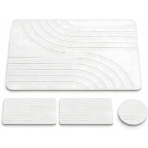 Diatomaceous Earth Stone Drying Mat Set, 15.5 x 23.5 Inches, Quick-Dry Bath Mat and Dish Drying Mat with Vanity Trays, Super Absorbent, Easy to Clean, Fast Drying Surface
