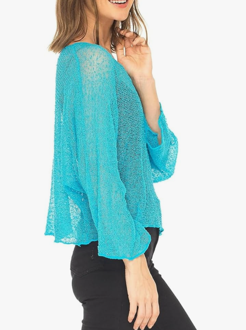 KMBANGI Women Sheer Knit Poncho Lightweight See Through Shrug Bolero Sweater Top Mesh Knit Shawl Wraps Cover Up, One size