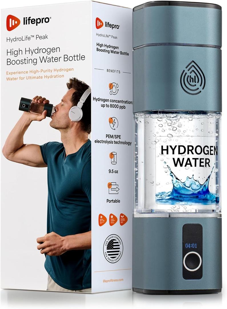 Lifepro Hydrogen Water Bottle Generator with SPE/PEM Technology  HydroLife Peak Portable Hydrogen-Boosting Water Machine Upto 8000ppb with OLED Display & USB-C Charging  9.5oz, Polycarbonate Body