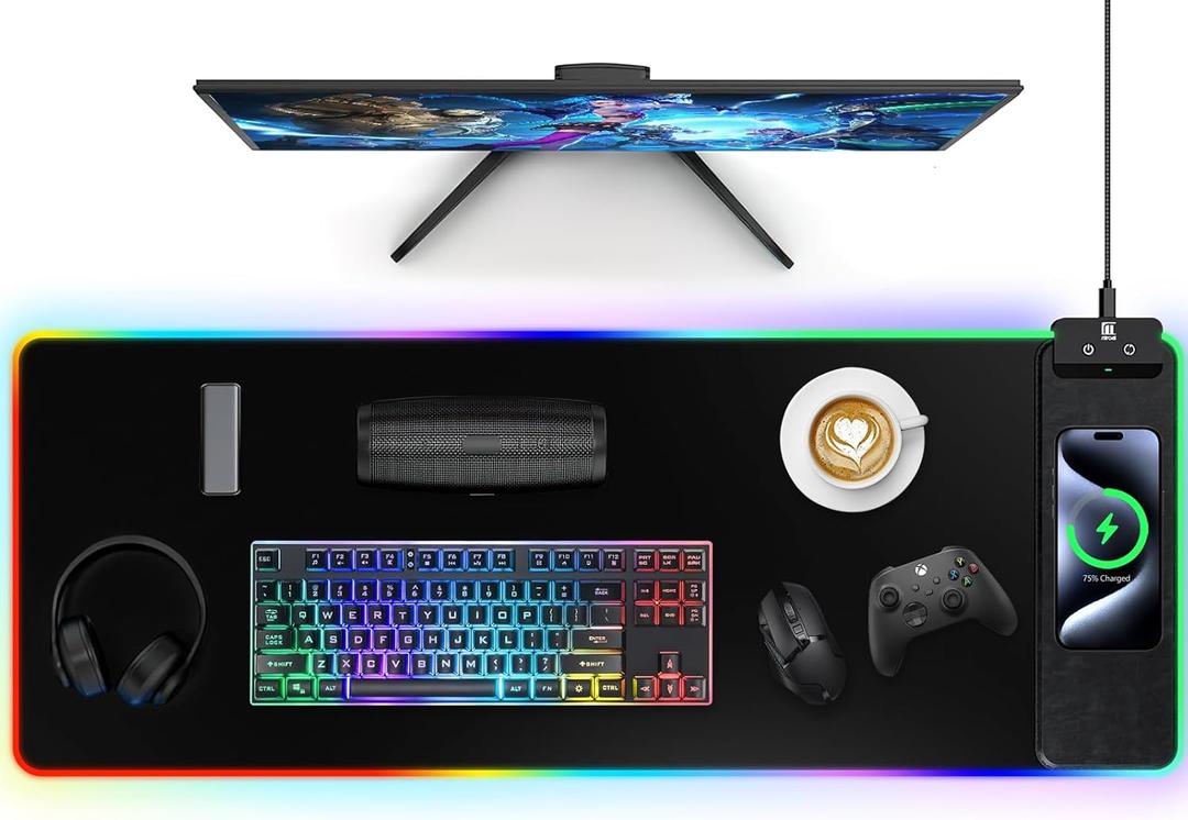 Mouse Pad with Wireless Charging, Large Desk Mat RGB Gaming Mousepad, 10 Light Colors LED Gaming Pad Keyboard Pad with Ultra-Smooth Surface & Non-Slip Rubber Base, Waterproof Full Desk Mouse Pad (31.5x11.81"-Black Right)