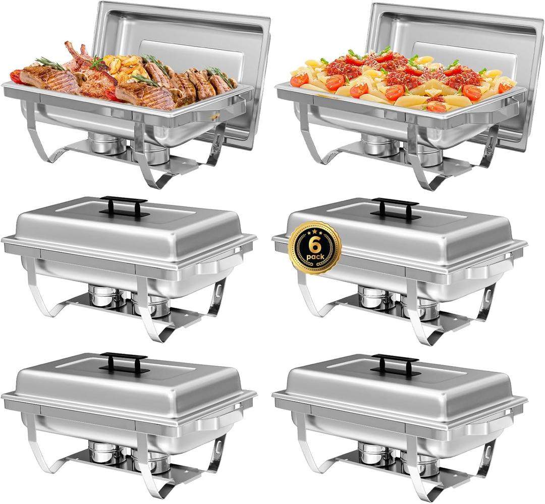 IMACONE 6 Pack Chafing Dish Buffet Set, 8QT Stainless Steel Rectangular Chafers and Buffet Warmer Sets for Catering, with Food & Water Pan, Lid, Foldable Frame, Fuel Holder for Event Party Holiday (Silver)