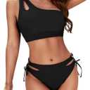 Zilcremo Women Cutout One Shoulder Bikini Set Mid Rise Bikini Swimsuit Two Piece Bathing Suit (Large, Black)