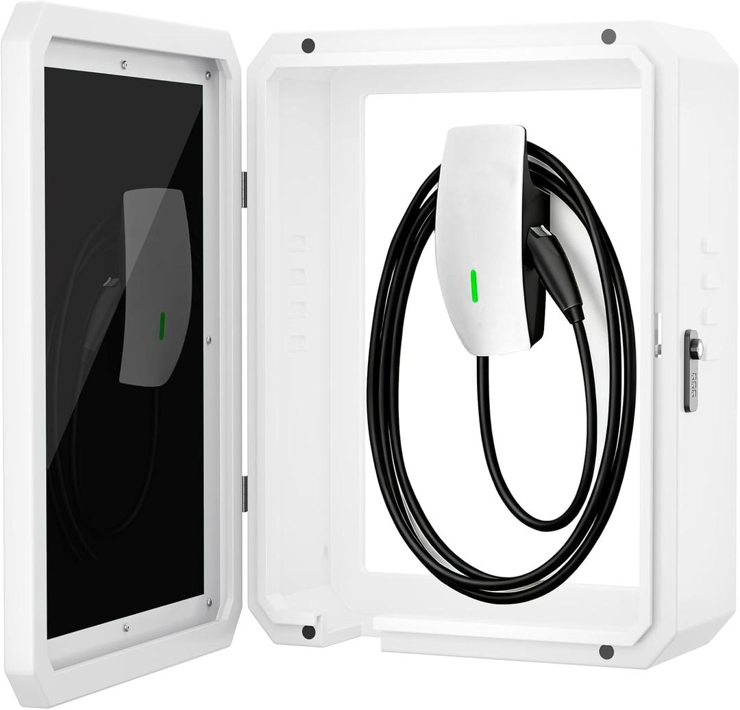 EV Charger Outdoor Enclosure, Charger Station Box for Tesla Wall Charger, Cable Cord Holder Lock Box, Heavy Duty Outdoor Charging Case, White