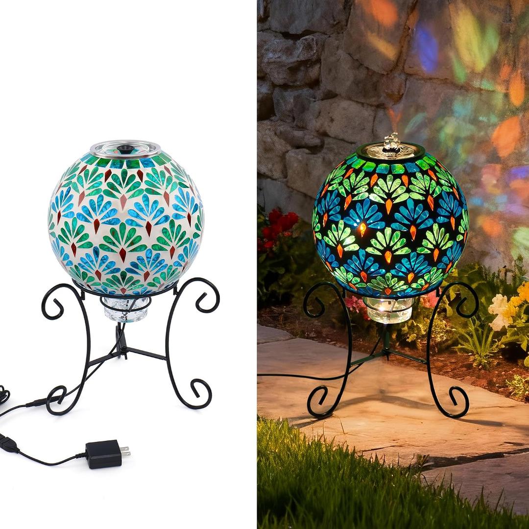 SAVENNA Mosaic Glass Fountain, Floor-Standing Lighted Water Feature with Quiet Pump, Indoor/Outdoor Decorative Accent Lighting for Garden & Patio, Fan-Inspired Multicolor Mosaic Sphere