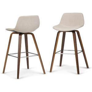 SIMPLIHOME Randolph Counter Stools (Set of 2) - 28 Inch Seat Height Upholstered Bentwood Kitchen Seats in Natural Linen Look Fabric, Mid Century Modern Seating with Curved Backrest and Chrome Footrest