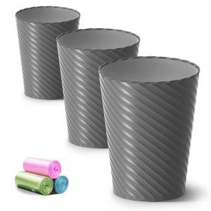 Bathroom Trash Can, 3 Pack 1.8 Gallons Small Trash Can with Trash Bags, Bathroom Garbage Can, Plastic Trash Bin, Round Waste Basket for BathBedroom, Office, Kitchen, Room, Compact Space (Grey)