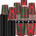 60 Pack 16 oz Christmas Disposable Coffee Cups Set Plaid Paper Cups with Lids Xmas Buffalo Check Decor for Hot Cold Drinks Tea Hot Chocolate Hot Cocoa Holiday Party Supplies(Red and Green Plaid)