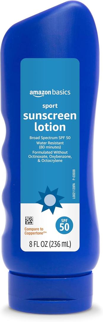 Amazon Basics Sport Sunscreen Lotion SPF 50, Water Resistant (80min), Formulated without Octinoxate & Oxybenzone, Broad Spectrum UVA/UVB Protection, 8 Fluid Ounce (8 Fl Oz (Pack of 1) Amazon Basics Sport Sunscreen Lotion SPF 50, Water Resistant (80min), Formulated without Octinoxate & Oxybenzone, Broad Spectrum UVA/UVB Protection, 8 Fluid Ounce (8 Fl Oz (Pack of 1)