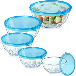 Thick Glass Mixing Bowls with Airtight Lids Set, 5-Piece Nesting Bowls for Baking & Meal Prep, BPA Free, Dishwasher Safe, 0.5/0.8/1.6/2.7/4.4 Quart - Blue, 4.5, 4.0, 3.5, 2.1, 1.5, 1.1, 0.7QT