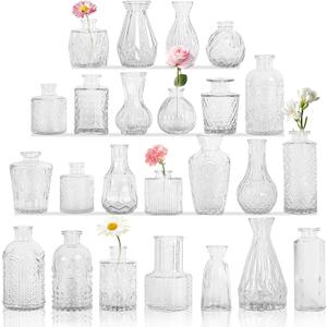 Set of 24 Glass Bud Vase Set, Small Vintage Clear Flower Vase Centerpieces for Table Bulk Cute Rustic Style Mini Vase for Home Decor Wedding Baby Shower Birthday Party