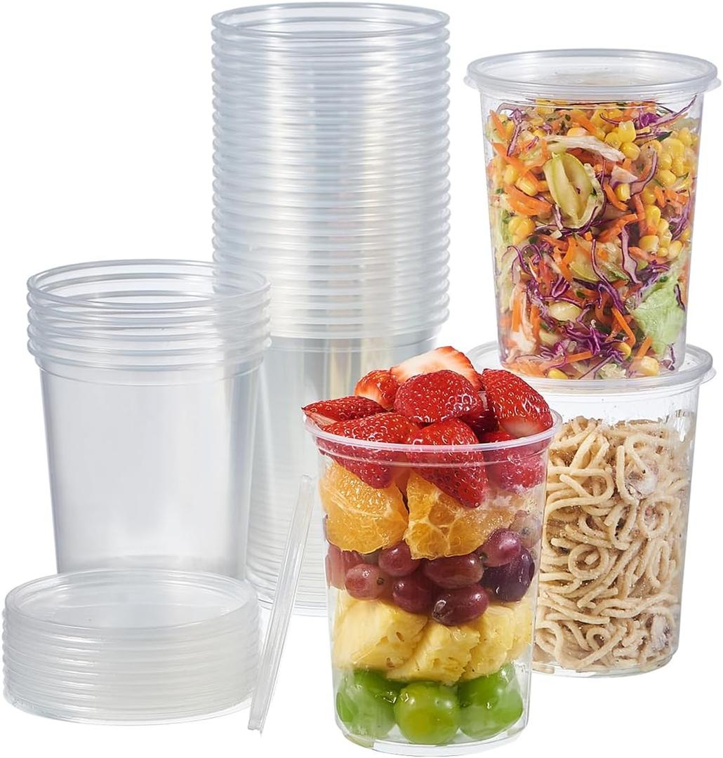 Jaluxing [42 Sets - 32 oz. Plastic Deli Food Storage Soup Togo Containers With Airtight Lids Clear Disposable Takeout Quart Container (Formerly FULING)