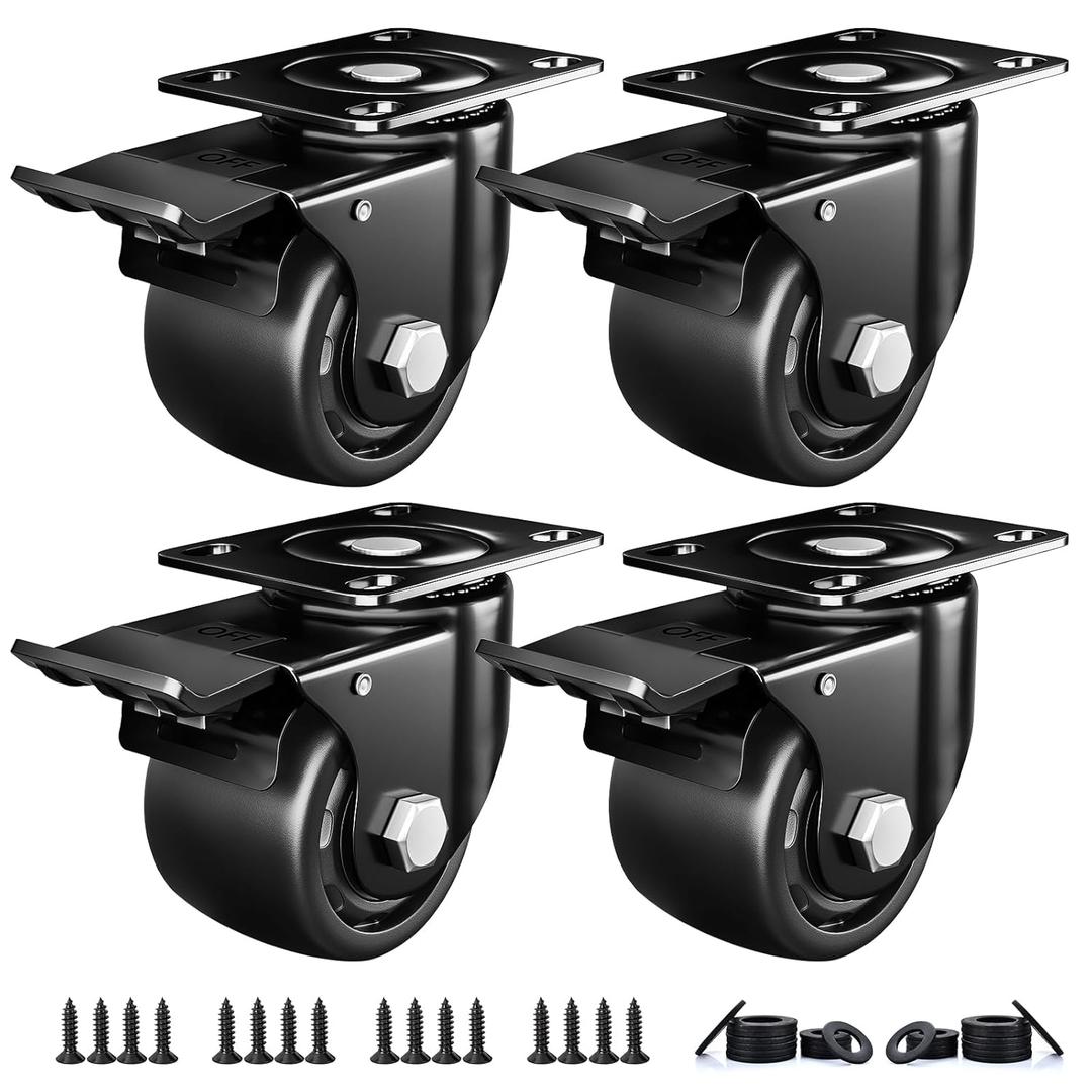 2 Inch Caster Wheels, Casters Set of 4, Heavy Duty Casters Load 2200lbs, Locking Swivel Plate Industrial Casters, Low Gravity Center Castor for Furniture and Workbench