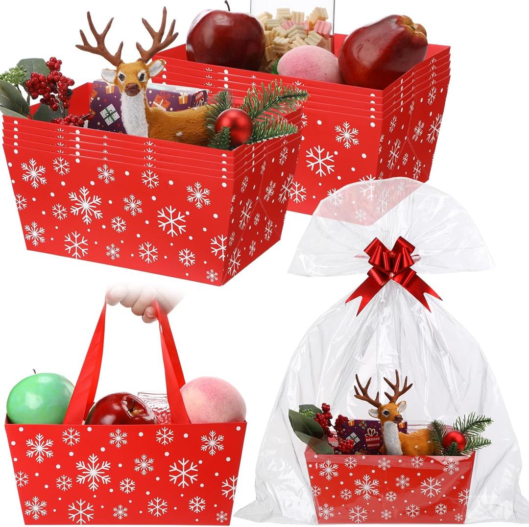 12 Pcs Christmas Basket for Gifts Empty 9.8 x 6.5'' Snowflake Market Tray Red Cardboard Basket with Bows, Cellophane Bags, Twist Tiles, Empty to Fill for Holiday Birthday Winter Party Favors