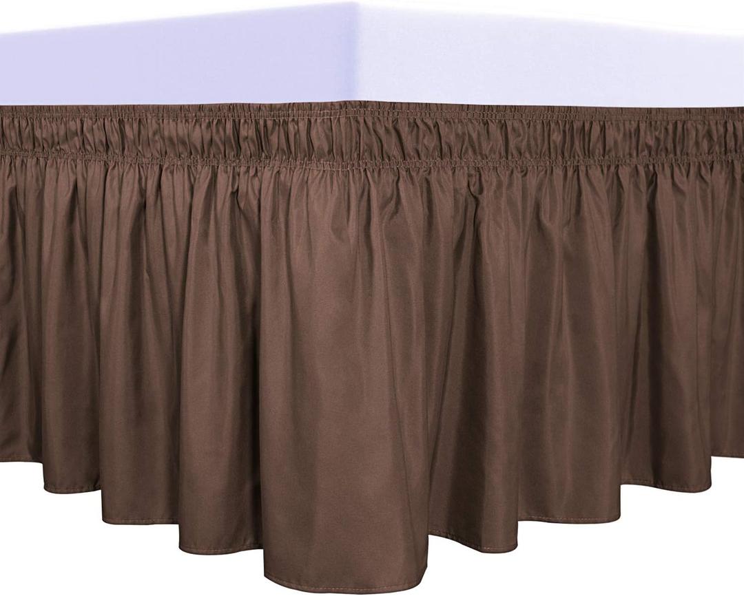 PureFit Wrap Around Ruffled Bed Skirt with Adjustable Elastic Belt - 18 Inch Drop Easy to Put On, Wrinkle Free Bedskirt Dust Ruffles, Bed Frame Cover for Queen, King and C-King Size Beds, Brown (Queen/King - 18" Drop)