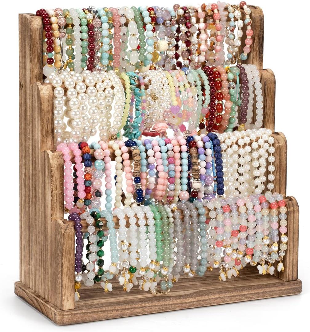 Emfogo Bracelet Holder, 4 Tier Bracelet Organizer Storage for Bracelets Bangles Watch Scrunchies, Rustic Wood Jewelry Organizer Display for Home, Vendors, Craft Shows and Store(Rustic Brown)