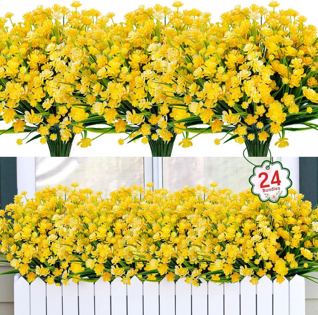 Ouddy Decor 24 Bundles Artificial Flowers for Outdoors UV Resistant Fake Plastic Plants Faux Greenery Stems for Spring Summer Indoor Garden Patio Window Box Kitchen Home Decor, Yellow