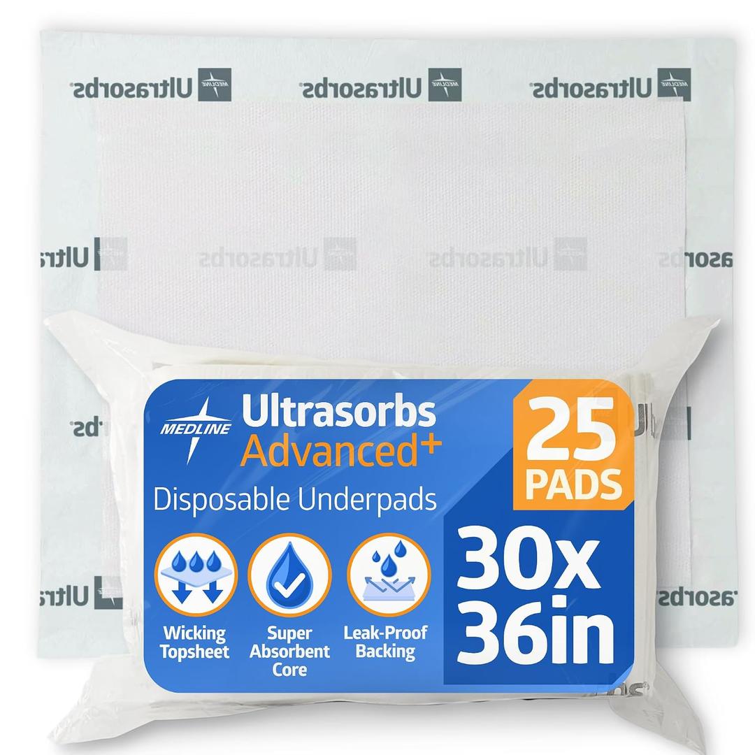 Medline Ultrasorbs Drypads, 30" x 36", 25 Count, Super Absorbent Disposable Bed Pads, Large Incontinence Bed Pads, Chucks Protective Underpads, 10 Times More Absorbent, For Adults, Elderly (White)