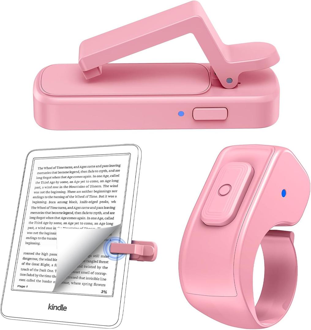 Remote Page Turner Ring for Kindle Paperwhite Oasis Scribe Kobo,Designed for Thick Cases Clicker Page Turner Camera Remote for iPhone iPad Android Tablets Reading Novels Comics with Storage Bag-Pink