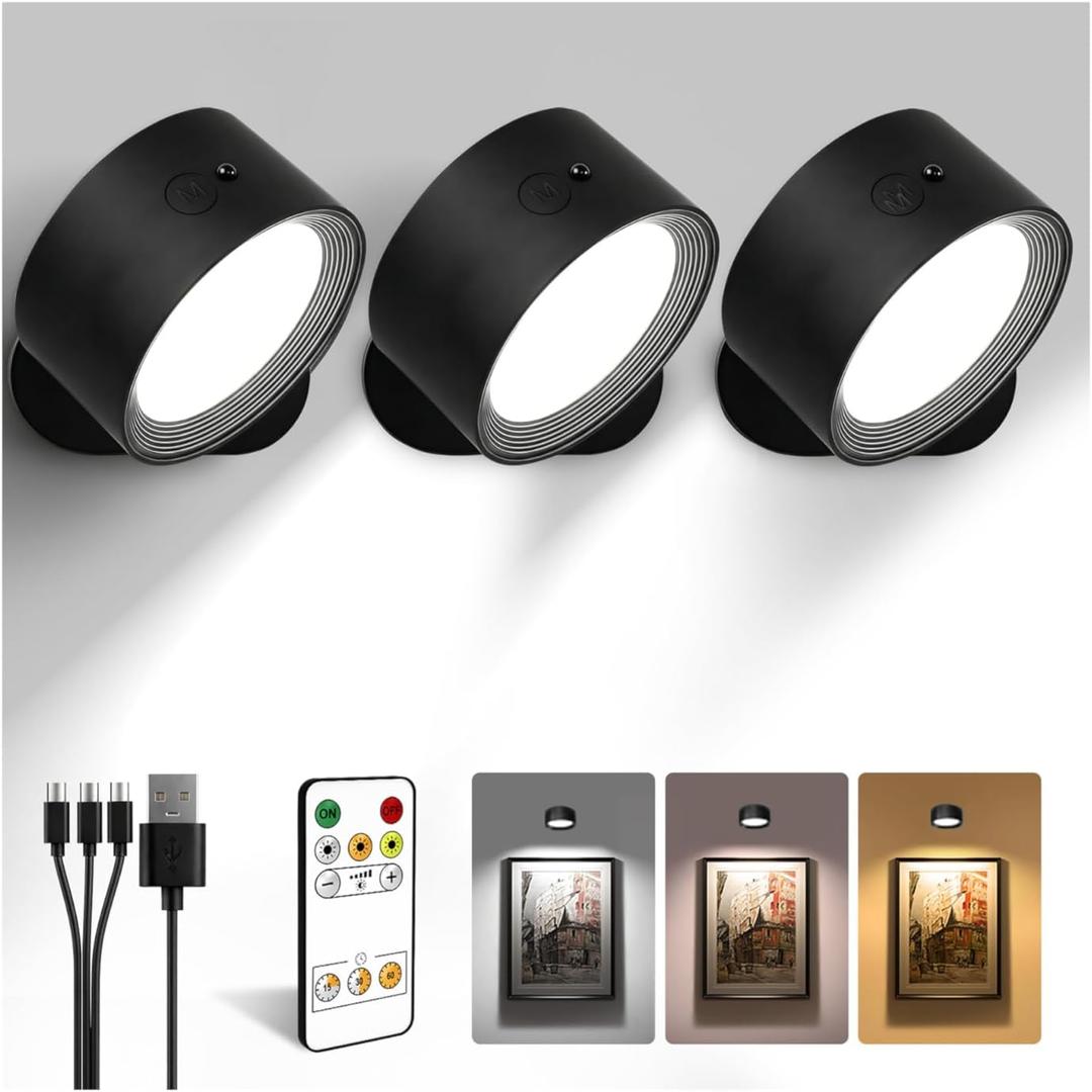 LED Wall Mounted Lights, Rechargeable Wall Sconces with Remote & Touch Control, 3 Color Temperatures 360 Rotation Dimmable Cordless Wall Light for Bedroom Study Reading Bedside (Black, 3 Pack)