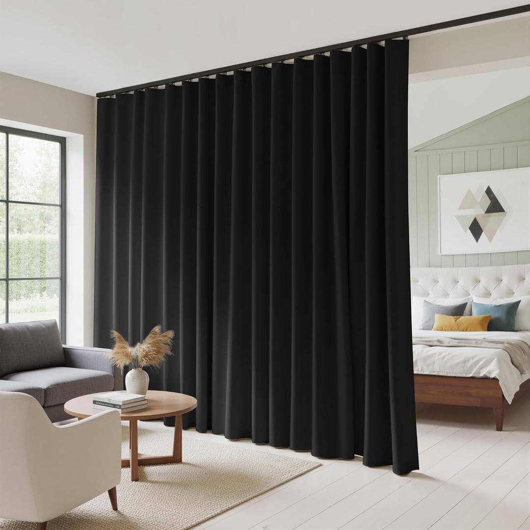 RYB HOME 100% Blackout Room Divider Curtain, Thermal Insulated & Privacy Assured Extra Wide Curtain for Bedroom/Sliding Door, Back Tab&Rod Pocket Drape with Hooks for Ceiling, W100xL84, Black, 1 Panel
