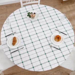 Walrus Round Vinyl Fitted Tablecloth with Flannel Backing Elastic Edge Design Table Cover Waterproof Oil-Proof PVC Table Cloth Stain-Resistant Best for 32"-36" Round (Green Plaid)
