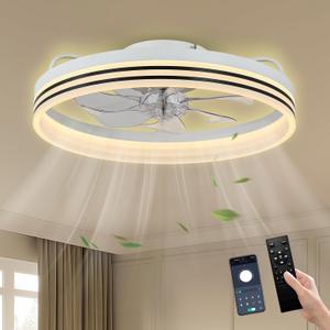 Ceiling Fans with Lights 20" Fandelier Modern Ceiling Fan Dimmable Low Profile Ceiling Fan Flush Mount Bladeless Chandelier Fan Ceiling Fan Lights for Bedroom Kitchen and Living Room(White)