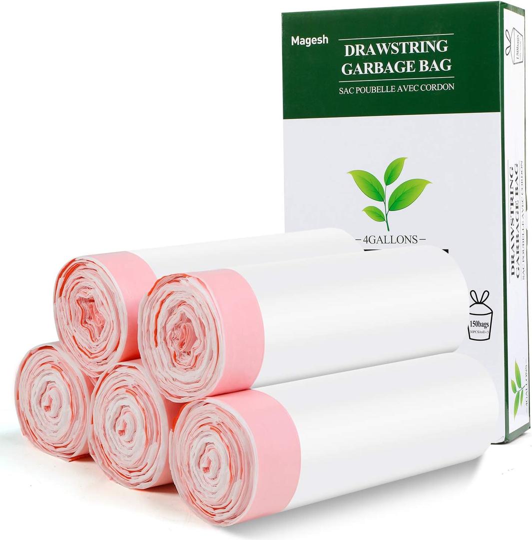Magesh 4 Gallon Small Drawstring Trash Bags, White (Drawstring-4Gal150)