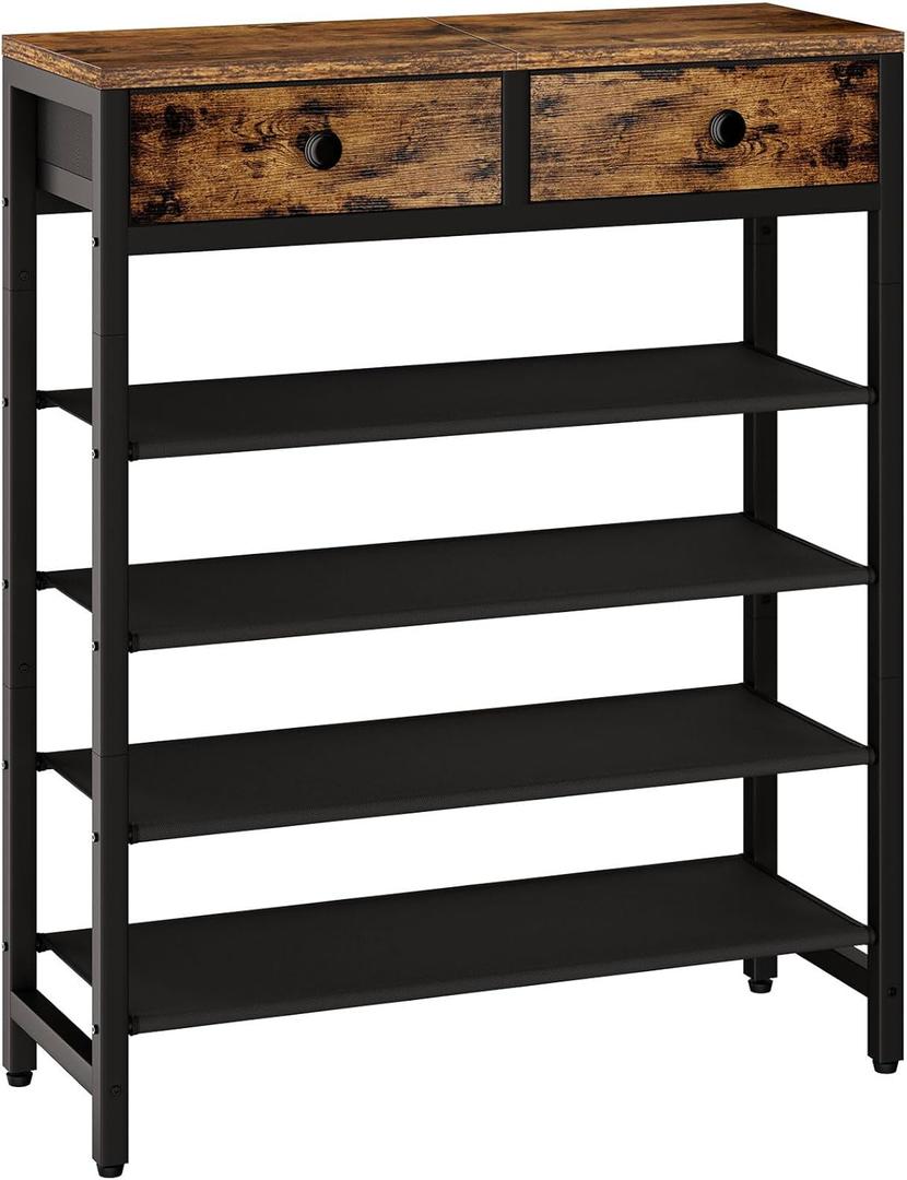 IBUYKE 5 Tier Shoe Rack, Metal Shoe Storage Organizer with 2 Drawers, Shoe Storage Rack for 12-16 Pairs of Shoes, Modern Shoe Stand with Fabric Shelf for Entryway Closet Bedroom, Rustic Brown TXJ040H