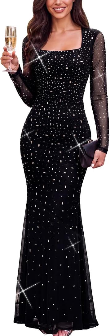 Women Sequin Mermaid Prom Dress Long Sleeve Rhinestone Evening Gown (Black, M)