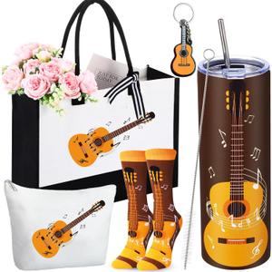 Potchen 5 Pcs Music Gifts Back to School Novelty Socks & 20 oz Skinny Water Tumbler & Tote Bag Makeup Bag & Keychain for Music Lovers Musician First Day of School Students Christmas Gift(Guitar)