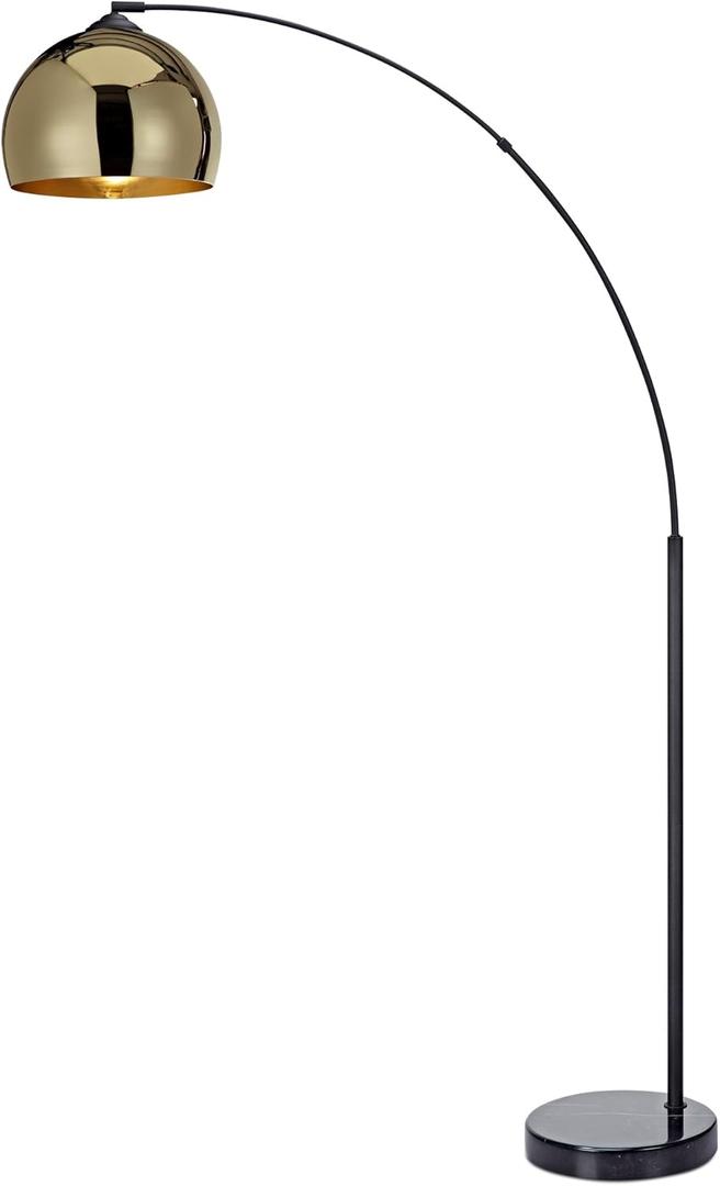 Teamson Home Arquer 66.93" Arc Floor Lamp for Living Rooms, Home Offices, Dining Rooms, Bedrooms with Faux Black Marble Base and Gold Bell Shade