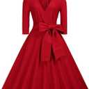 Miusol Women's Deep-V Neck Classical Bow Belt Vintage Casual Swing Dress (XX-Large, Red)