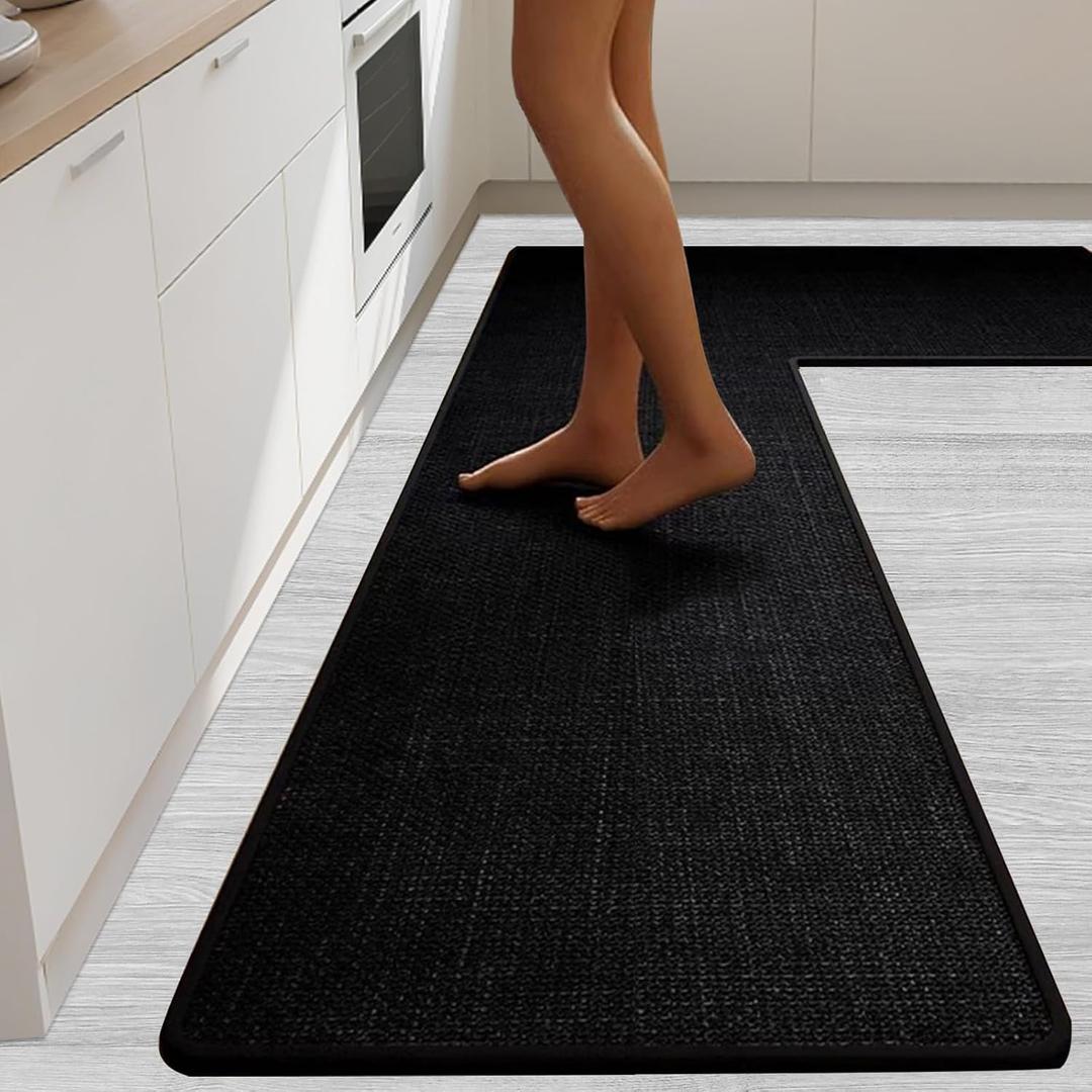 Anti-Slip Corner Kitchen Rug, 1 Piece L-Shaped Floor Mats,Super Absorption Linen Corner Mat for Home,Kitchen (Black Left-L, 39''X59''X18''), 3'3" x 4'11"