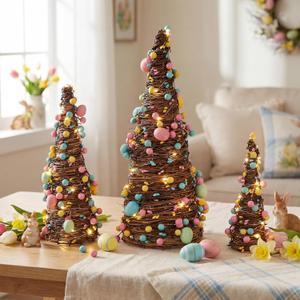 Sotiff 3 Piece Easter Table Decoration with Lights Spring Pastel Rattan Table Trees 15.8''/ 11.8''/ 7.9'' Artificial Decorative Eggs, Macaron Berries for Party Centerpiece Indoor