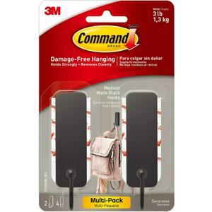 Command Medium Matte Black Wall Hooks, 2 Hooks and 4 Command Strips, Damage Free Hanging Wall Hooks with Adhesive Strips, No Tools Coat Hooks for Hanging Home Decor, Holds up to 3 lb