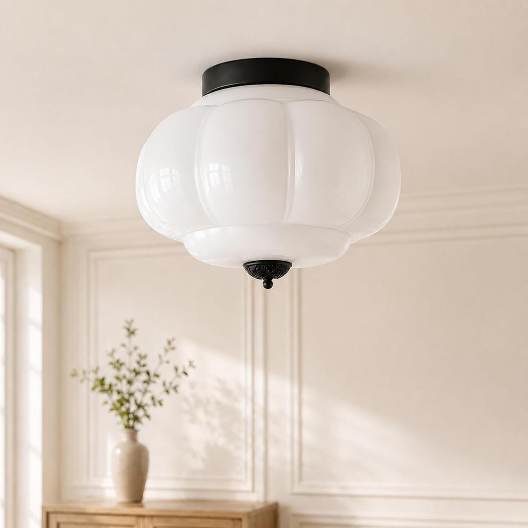 Bofea-Milk Glass Flush Ceiling Light,Modern Schoolhouse Semi-Flush Mount Ceiling Lights,Large Black Flush Mount Ceiling Light,Indoor Vintage Lighting for Living Room Hallway Foyer