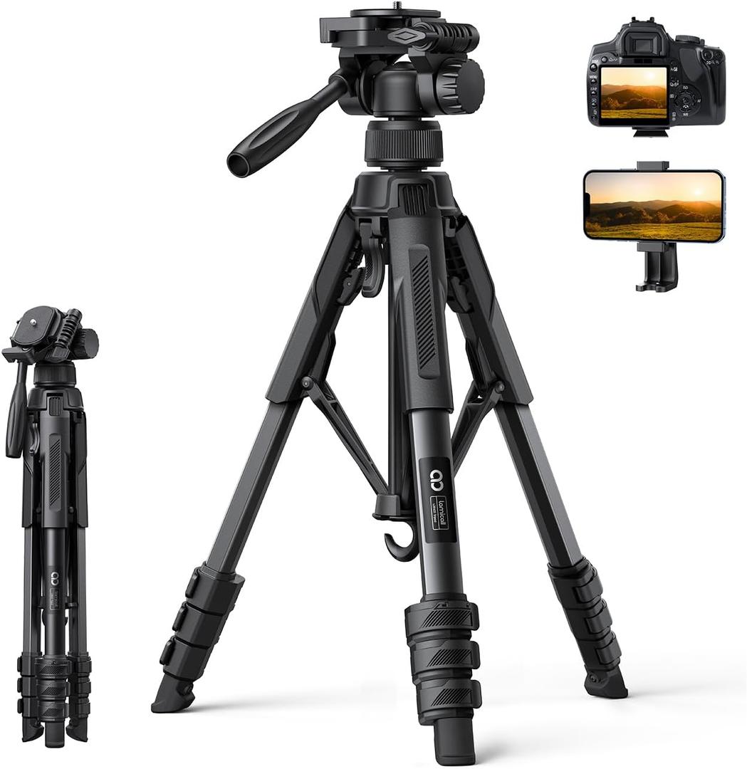 Lamicall Camera Tripod - 17.6LBS Max Load Tripod for Camera with Rapid Leg Deployment Phone Tripods for Video Recording Photo Vlog, 67" Camera Stand with Phone Holder & Carry Bag for DSLR iPhone GoPro (Black)
