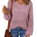 onlypuff Fall European Outfits for Women V Neck Sweaters Lightweigtht Pullover Trendy Tunic Tops Crochet Pointelle Sweater Fall Clothes Pink S (Pink, S)