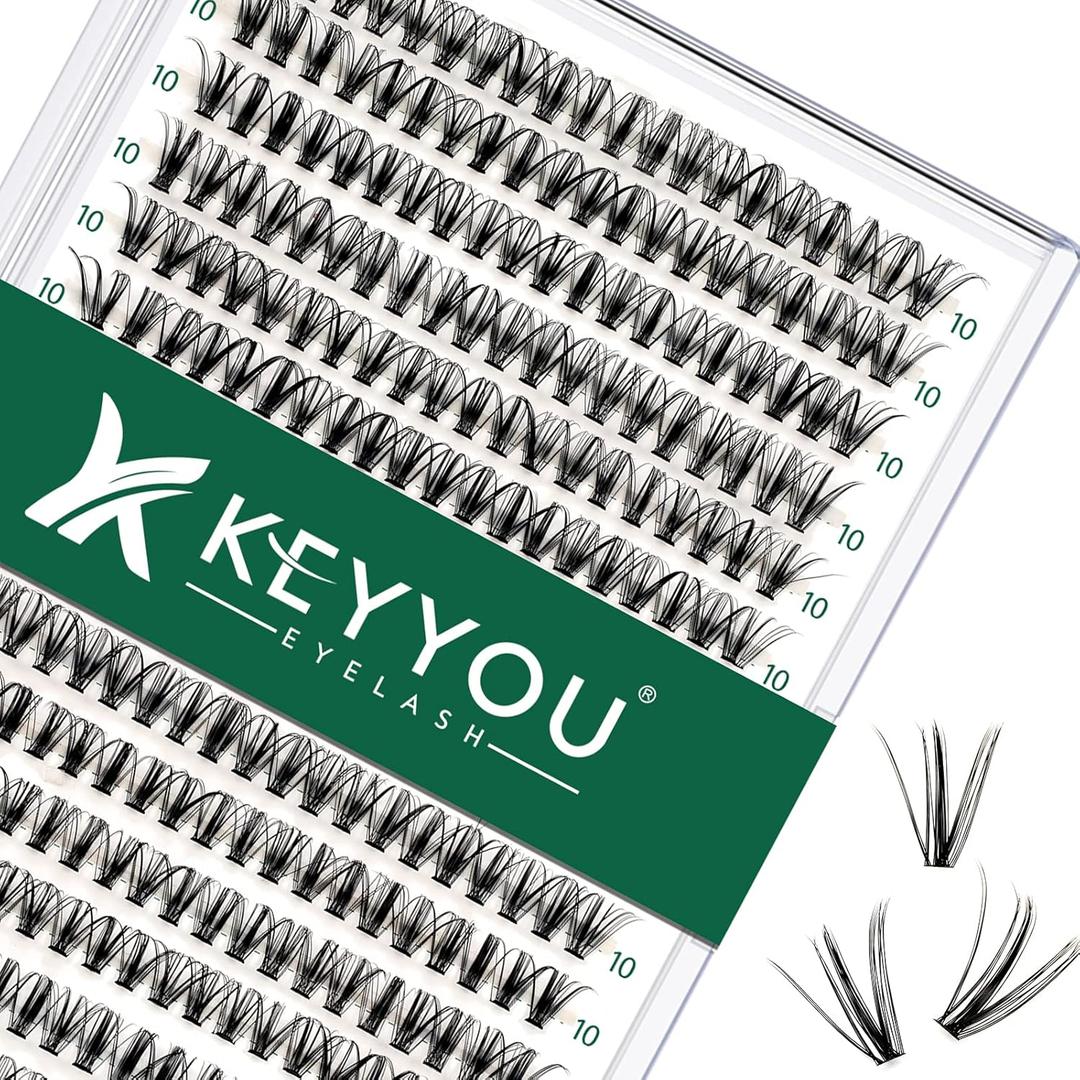 Lash Clusters 300pcs Individual Lashes 30D 0.07D Curl 10mm DIY Eyelash Extension KEYYOU Large Tray Volume Soft&Natural Cluster Lashes