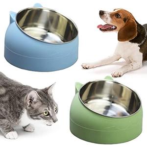 PINVNBY 2PCS Raised Cat Bowl Tilted 15° Slanted Elevated Bulldog Feeder Non-Spill Dog Kitten Food Dish Anti-Slip Detachable Pet Stainless Steel Slope Base for Small Pets (13.5oz/400ML Green+Blue)