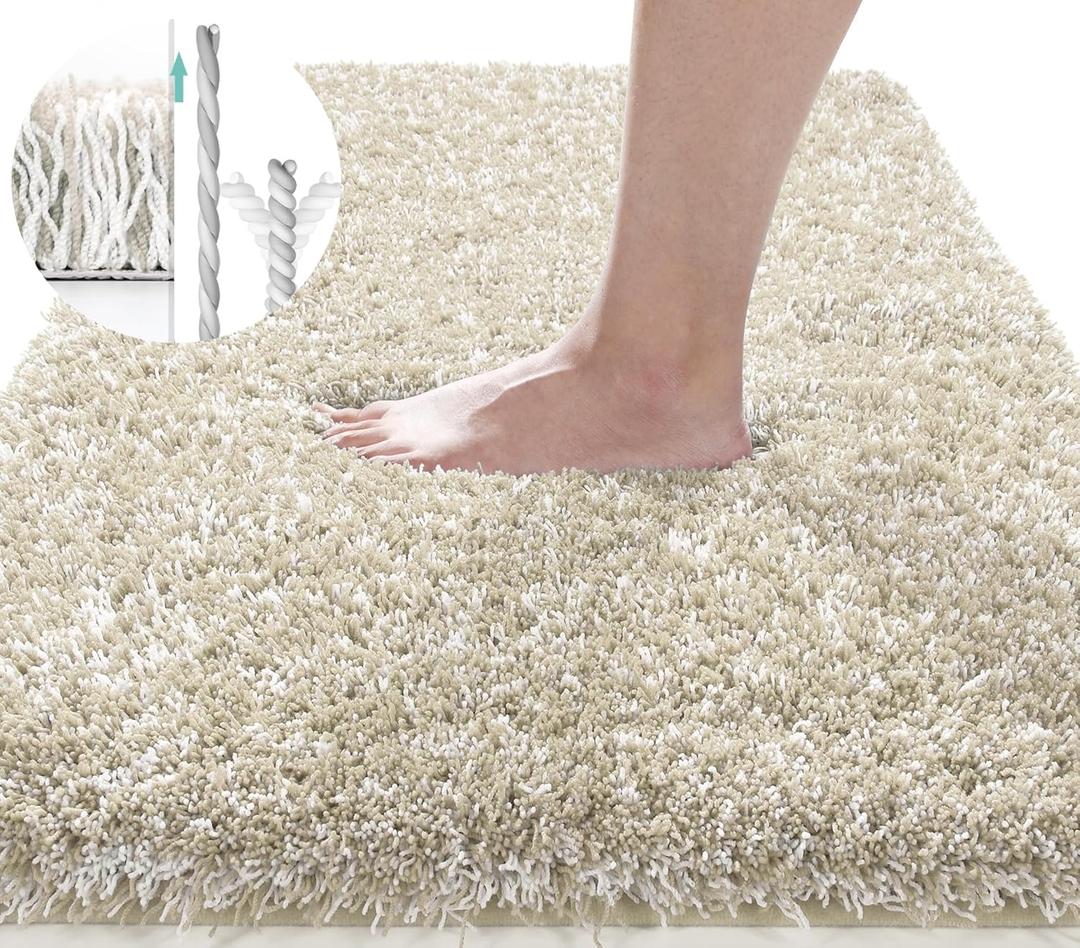 Yimobra Luxury Bathroom Rugs, Fluffy Bath Mats, Non Slip, Water Absorbent Microfiber, Machine Washable, Plush Runner Shower Rugs, Thick Matts for Bathroom Floor/Tub, 47"x 24", Light Beige and White