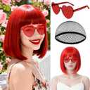 MEEZY Red Short Bob Wigs Straight Hair with Flat Bangs Heart Sunglasses for Women, Colorful Funny Cosplay Party Neon Wig Synthetic Natural As Real Carnival Halloween Costume Party Favors